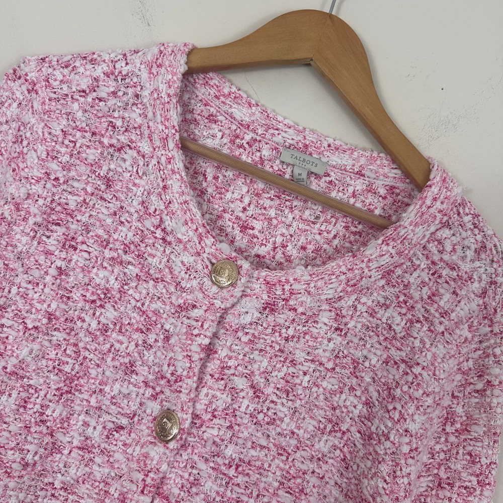 Talbots Cardigan Sweater Pink Boucle Old Money Gold Button Front Womens M